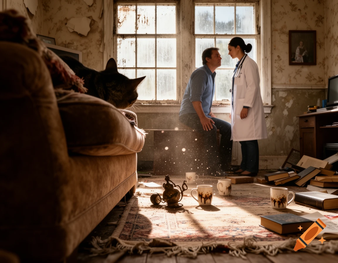 A cat observes from behind a couch as a man talks to a female doctor in a dusty, dilapidated house.