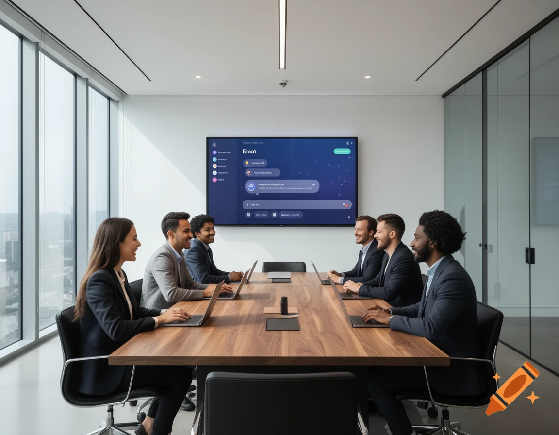 A diverse group of six professionals in business attire sit around a conference table with laptops, looking towards a large screen displaying a chat application.