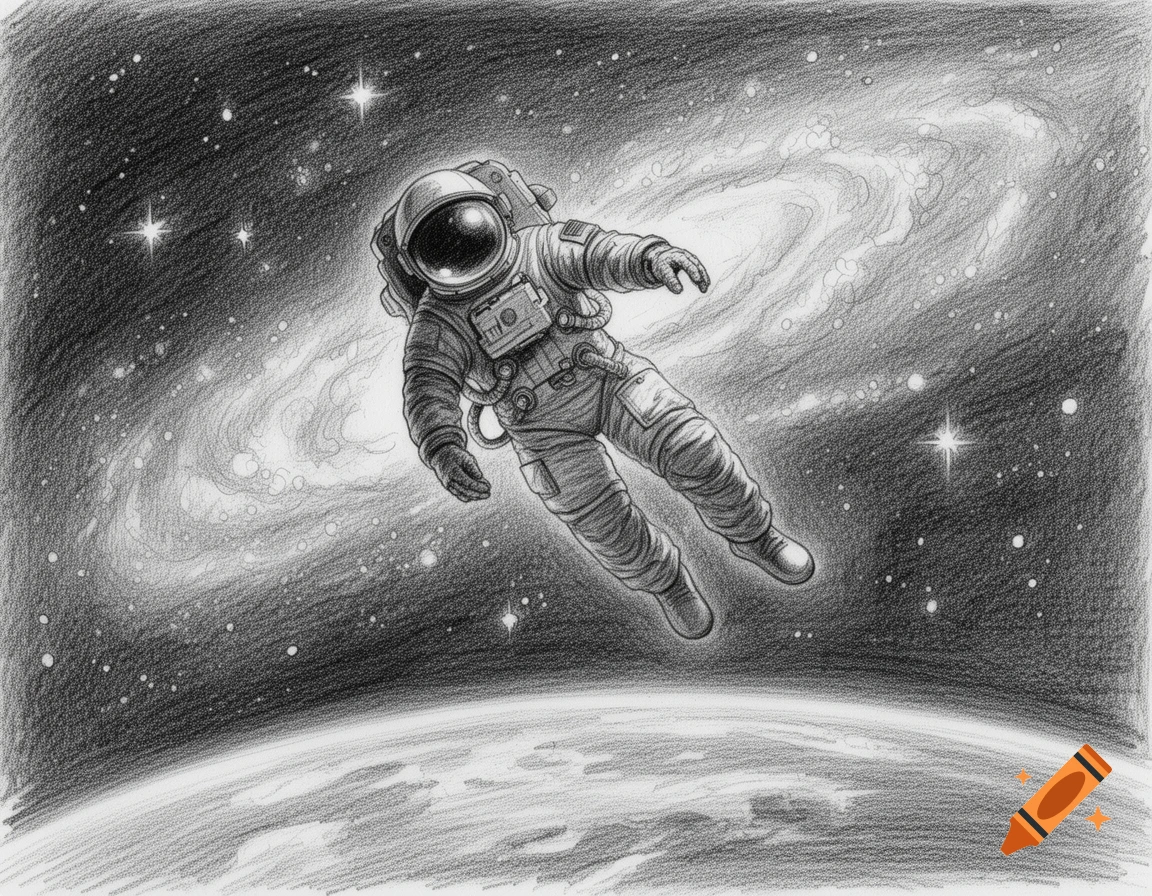 Pencil sketch of an astronaut floating in space near a planet and a swirling galaxy.