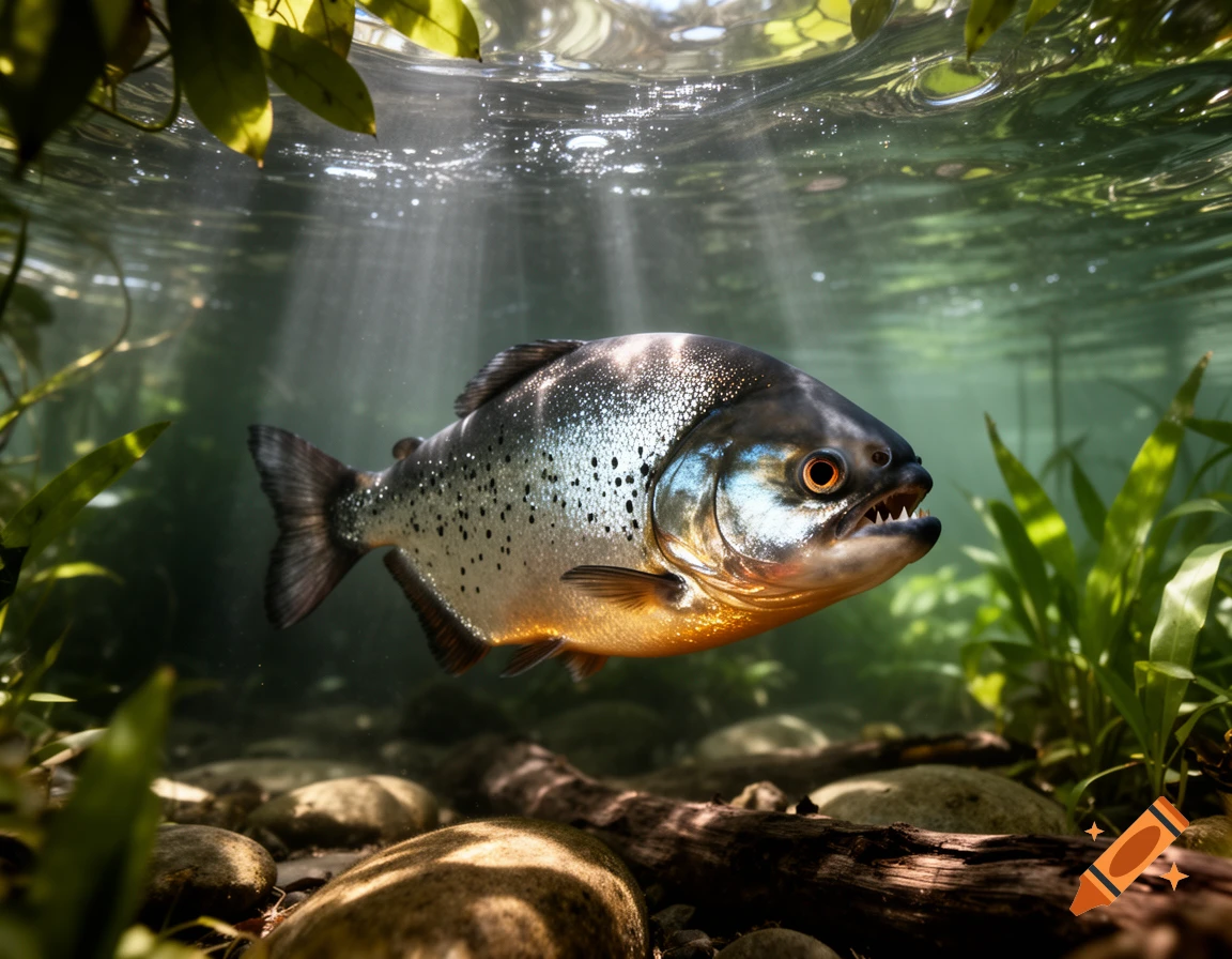 A photorealistic piranha with sharp teeth swims underwater, illuminated by sun rays filtering through the surface, surrounded by aquatic plants and rocks.