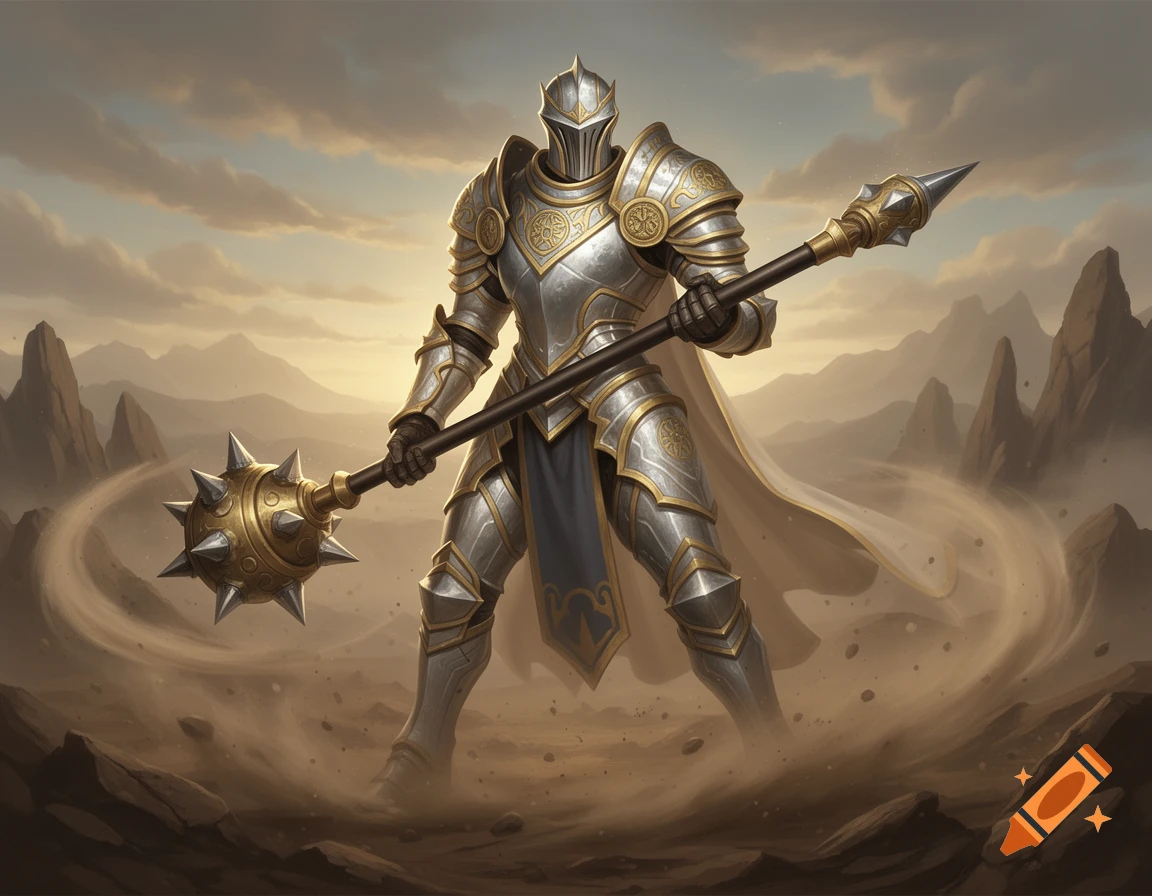 A majestic silver and gold armored mystic knight stands in a dusty desert landscape, holding a mace.