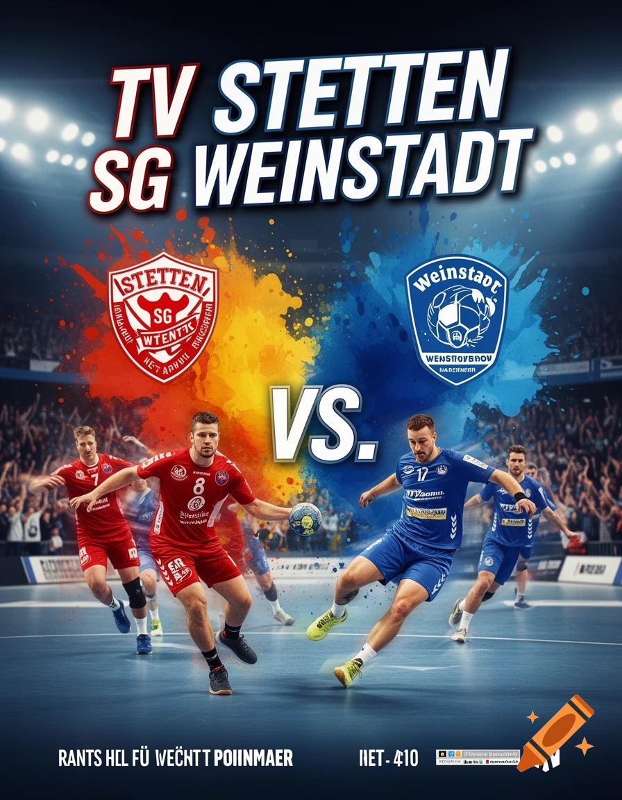 A dynamic handball match poster with two teams, TV Stetten in red and SG Weinstadt in blue, facing off on a court. Large text says 'TV STETTEN VS. SG WEINSTADT' at the top, above action shots of players.
