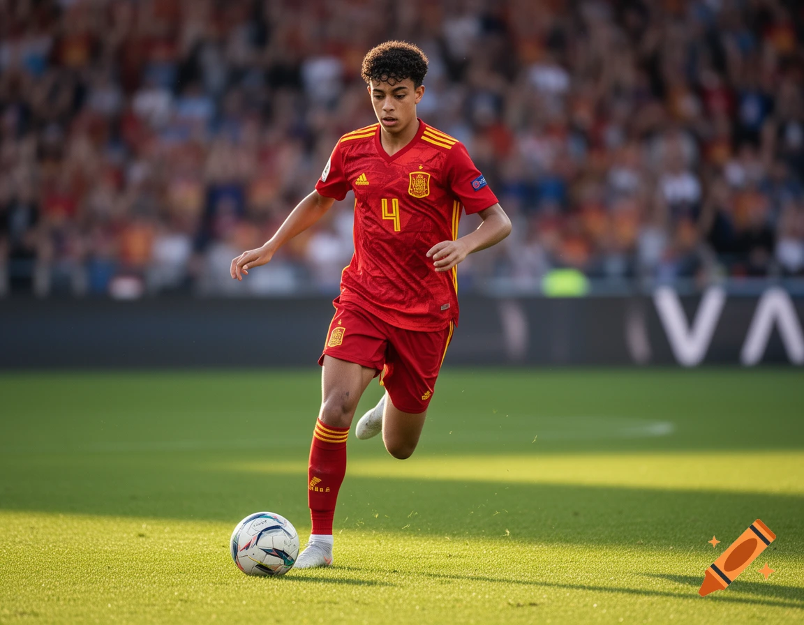 A young male soccer player in a red Spain jersey with the number 4, running with a ball on a green grass field in a stadium.