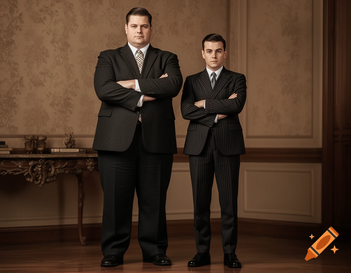 Two men in 1950s style suits with crossed arms stand formally in a vintage room, one larger and one slimmer.