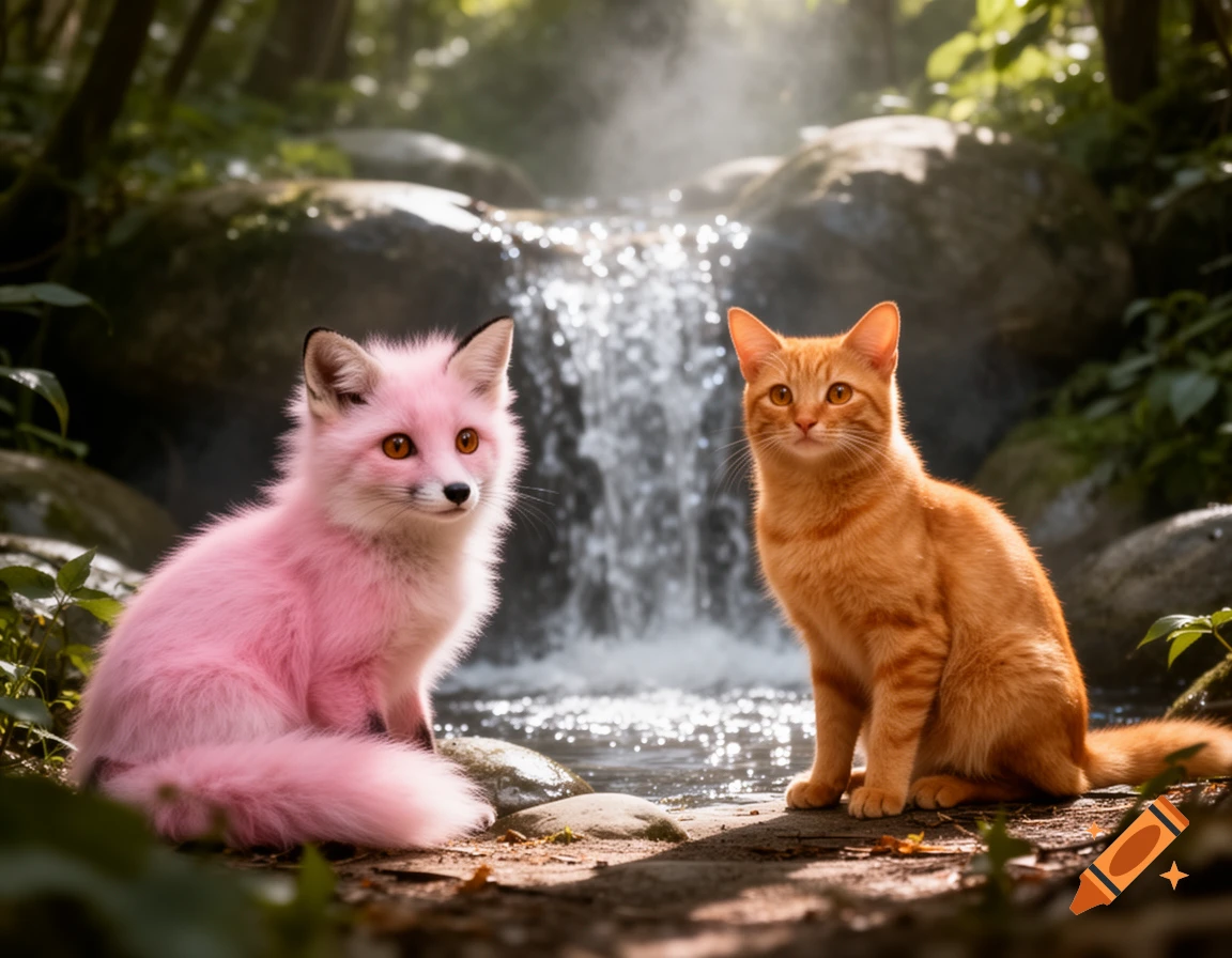 A pink fox and an orange cat sit by a sparkling waterfall in a lush, sunlit forest.