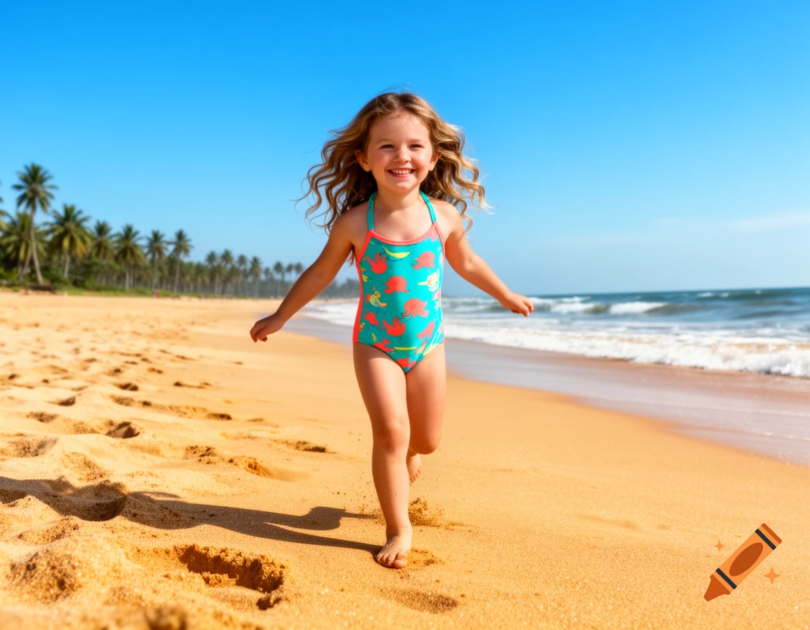 A smiling young girl with long blonde hair runs on a sandy beach towards the viewer, wearing a turquoise swimsuit with red patterns. Palm trees line the distant shore.