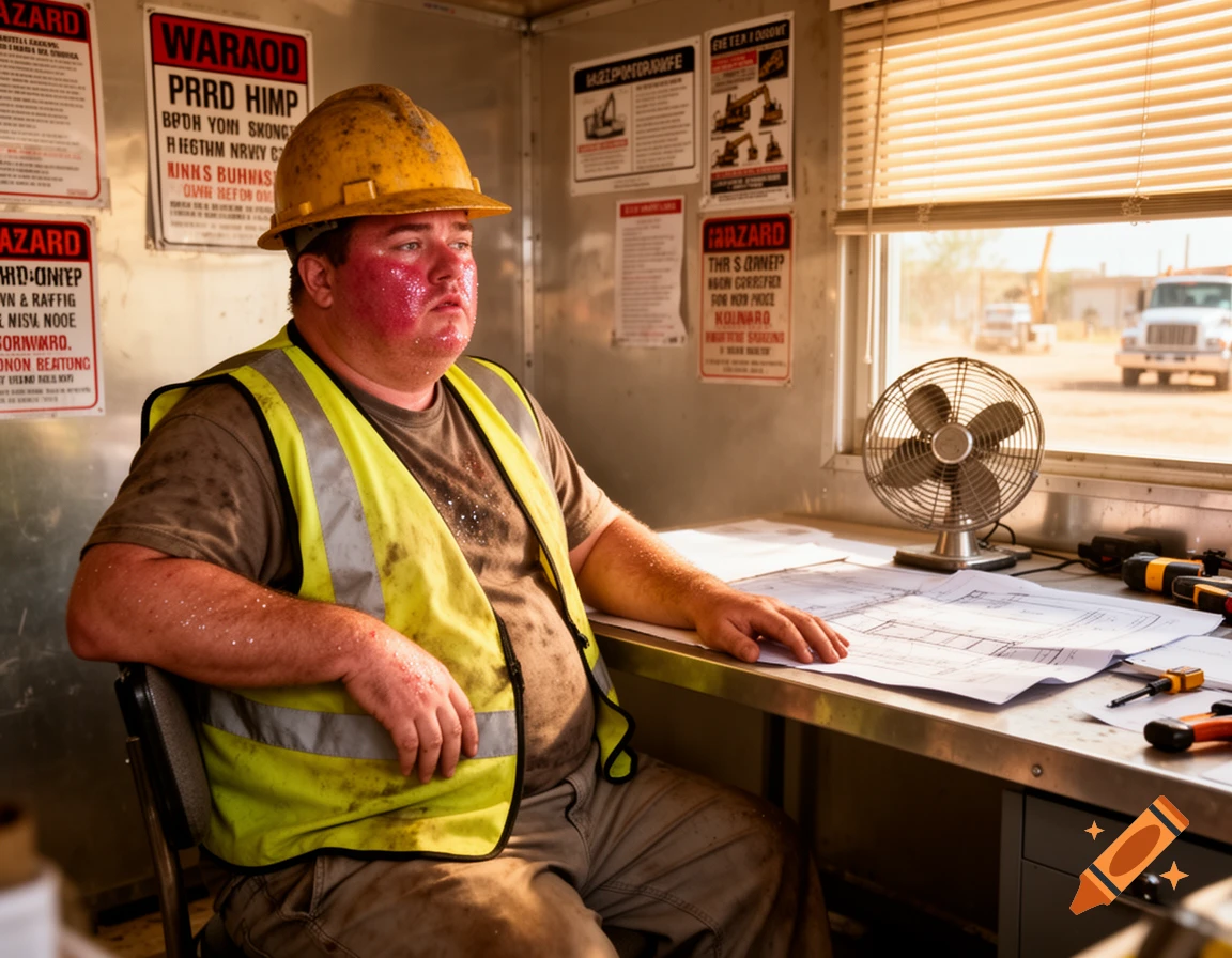 A sweaty construction worker in a yellow hard hat and safety vest sits at a desk in a trailer, looking flushed and uncomfortable.