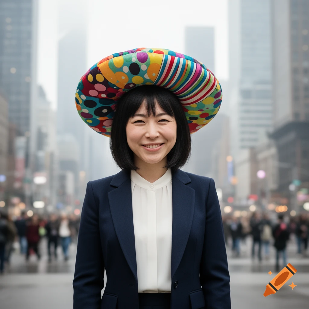 A smiling Asian woman in a navy suit and white blouse wears a large, colorful, patterned hat in a blurred city street.