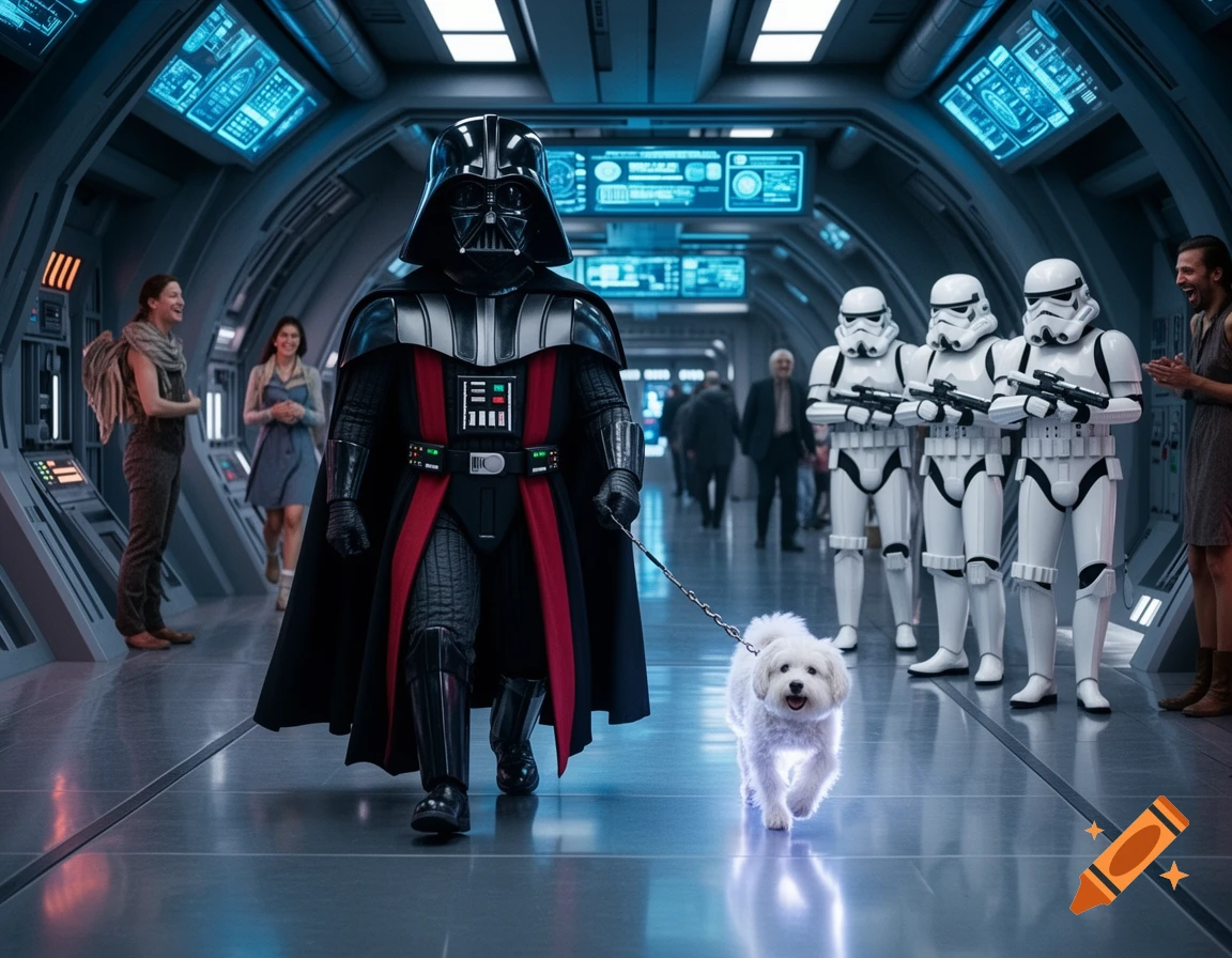 A Darth Vader-like figure with an oversized helmet walks a fluffy white dog on a leash in a futuristic space station, passing laughing Stormtroopers and civilians.