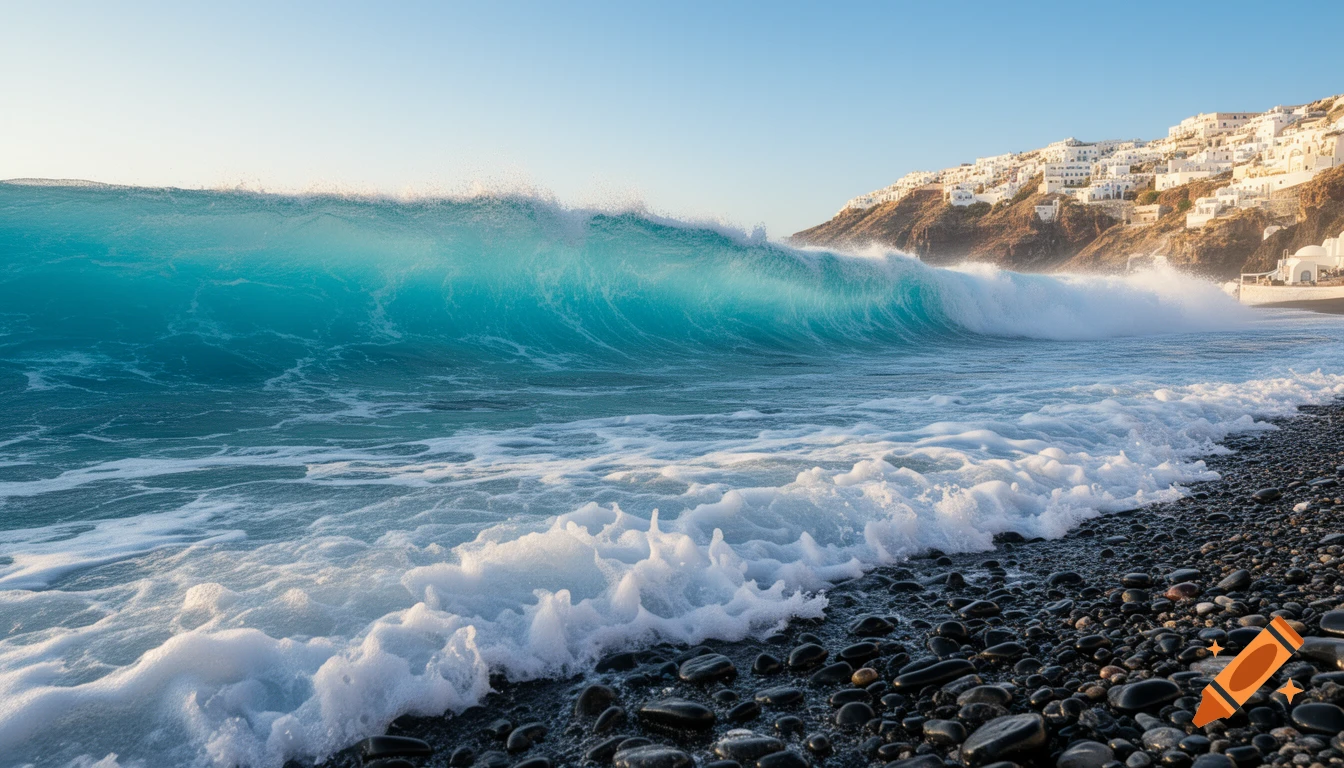A powerful turquoise wave crashes on a dark pebble beach with white buildings on a hill in Santorini under a clear sky.