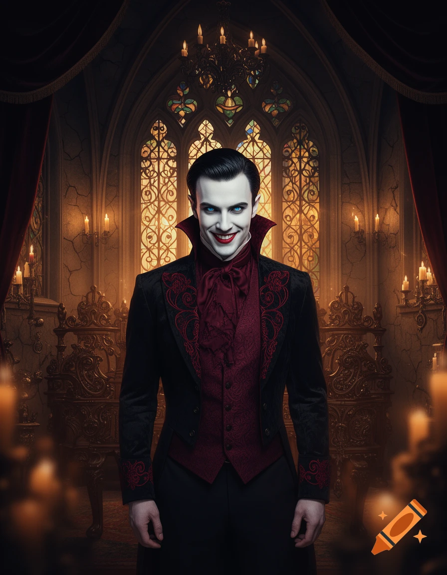 A pale male vampire with glowing blue eyes and a sharp smile, in a black and red gothic suit, stands in an ornate, candlelit hall.