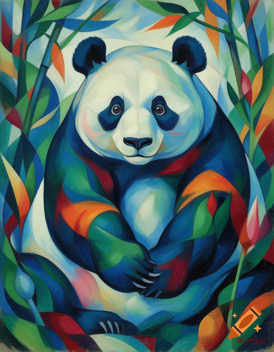 A colorful, abstract painting of a panda in a cubist style, surrounded by bamboo and vibrant leaves.
