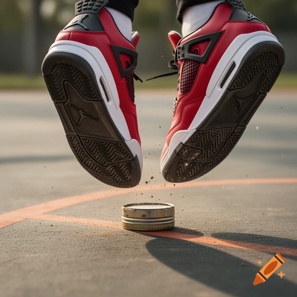 Red and white Air Jordan 4 sneakers mid-jump over a tin can on a sunlit court, photorealistic.