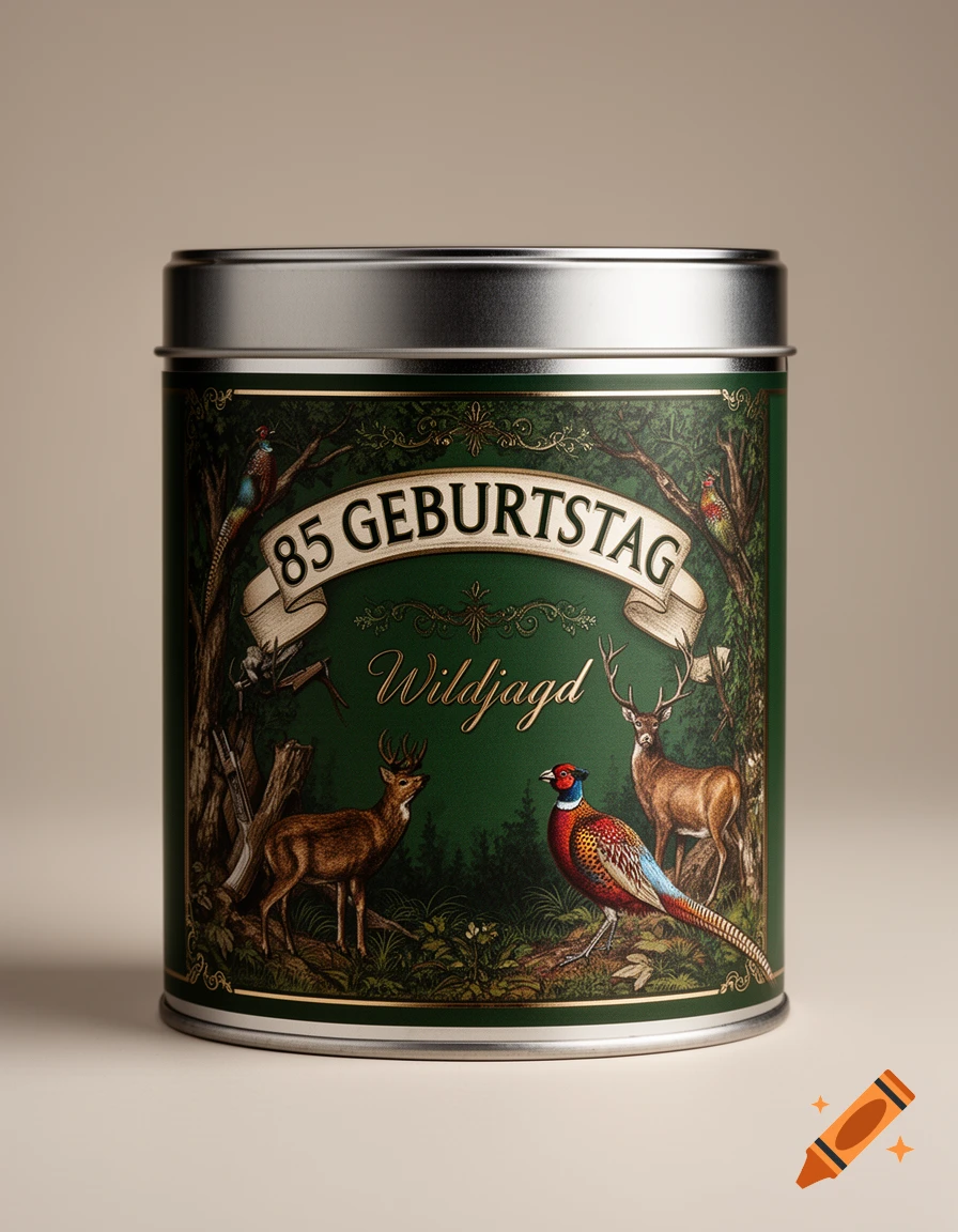 A cylindrical food can with a vintage green label depicting deer, a pheasant, and a rifle. Text reads '85 Geburtstag Wildjagd'.