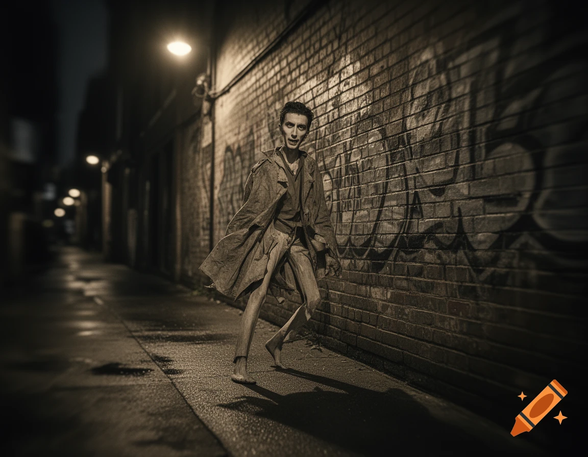 A gaunt, distorted man with a creepy expression walks barefoot in a dark, grimy alleyway with graffiti-covered brick walls, lit by a streetlamp in this sepia-toned photograph.
