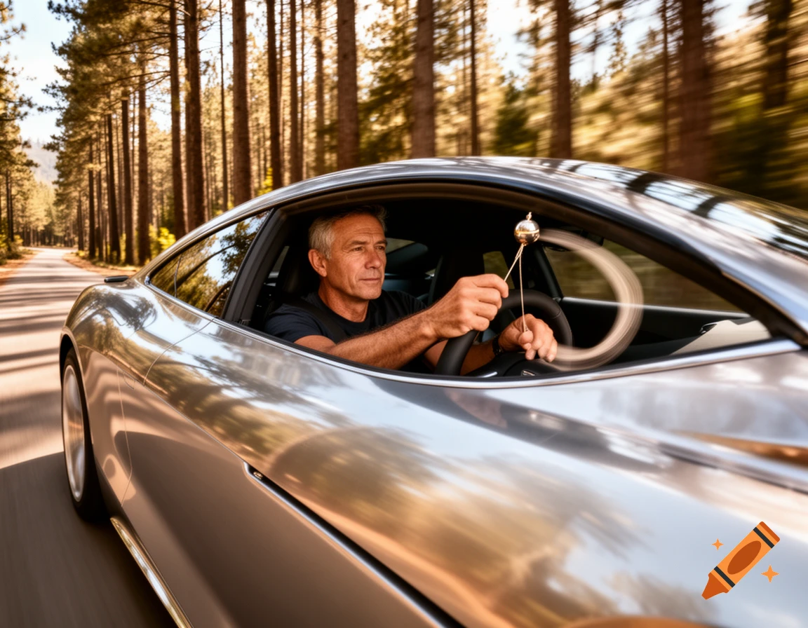 Man drives silver sports car on tree-lined road, spinning a golden orb on a stick.
