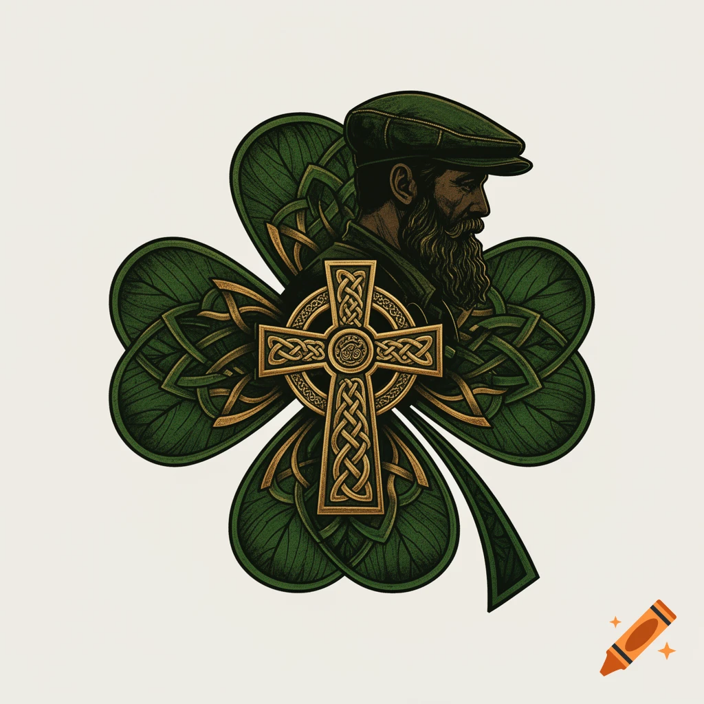 Stylized graphic of an Irishman's profile in a flat cap with a beard, a Celtic cross, and clover leaves with knotwork.