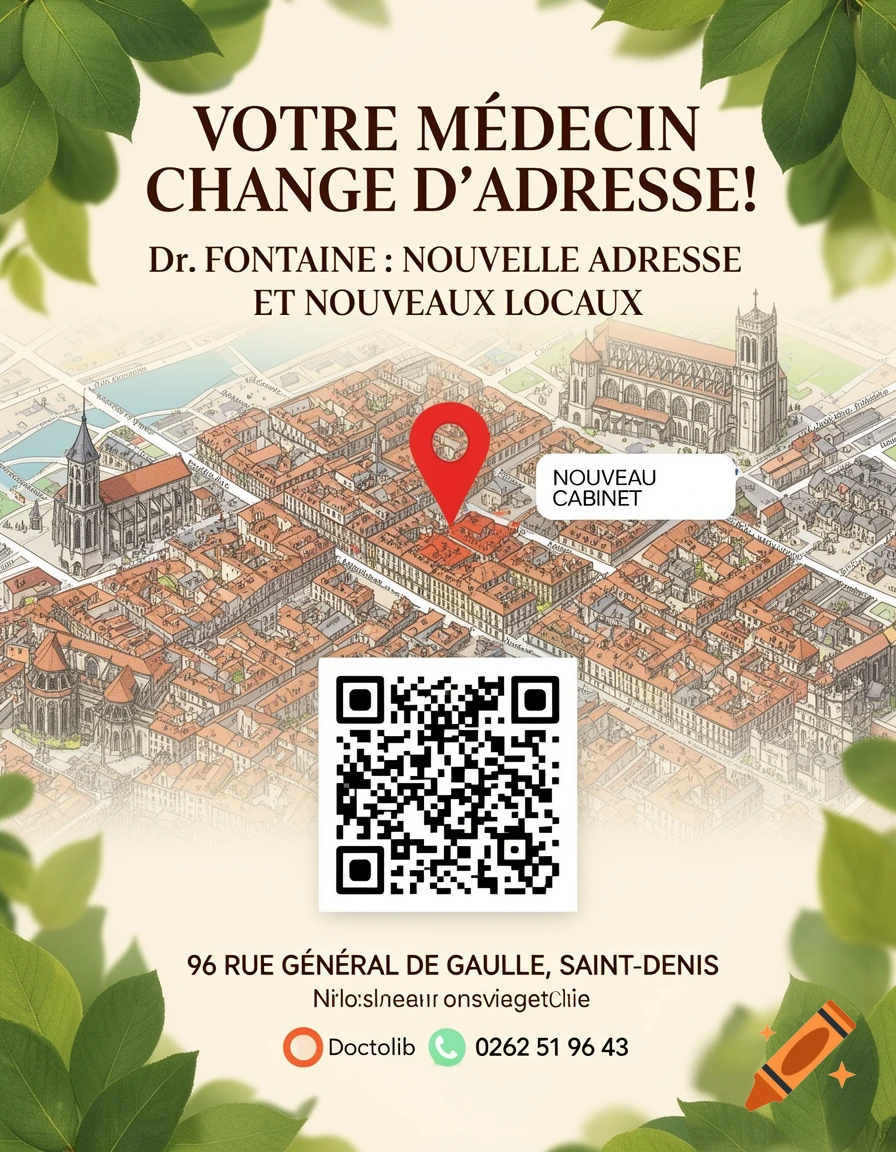 An announcement poster with a city map background, green leaves framing, a QR code, and text about a doctor's new address and contact details.