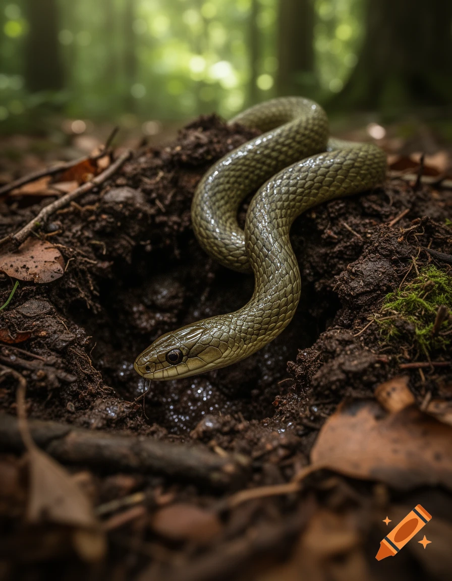 Photorealistic close-up of a green snake with visible scales emerging from dark earth in a blurred forest background.