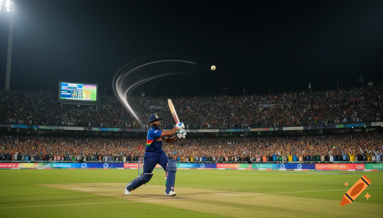 A cricket player in a blue uniform hits a ball, with a white streak trailing it, in a large, packed stadium at night.