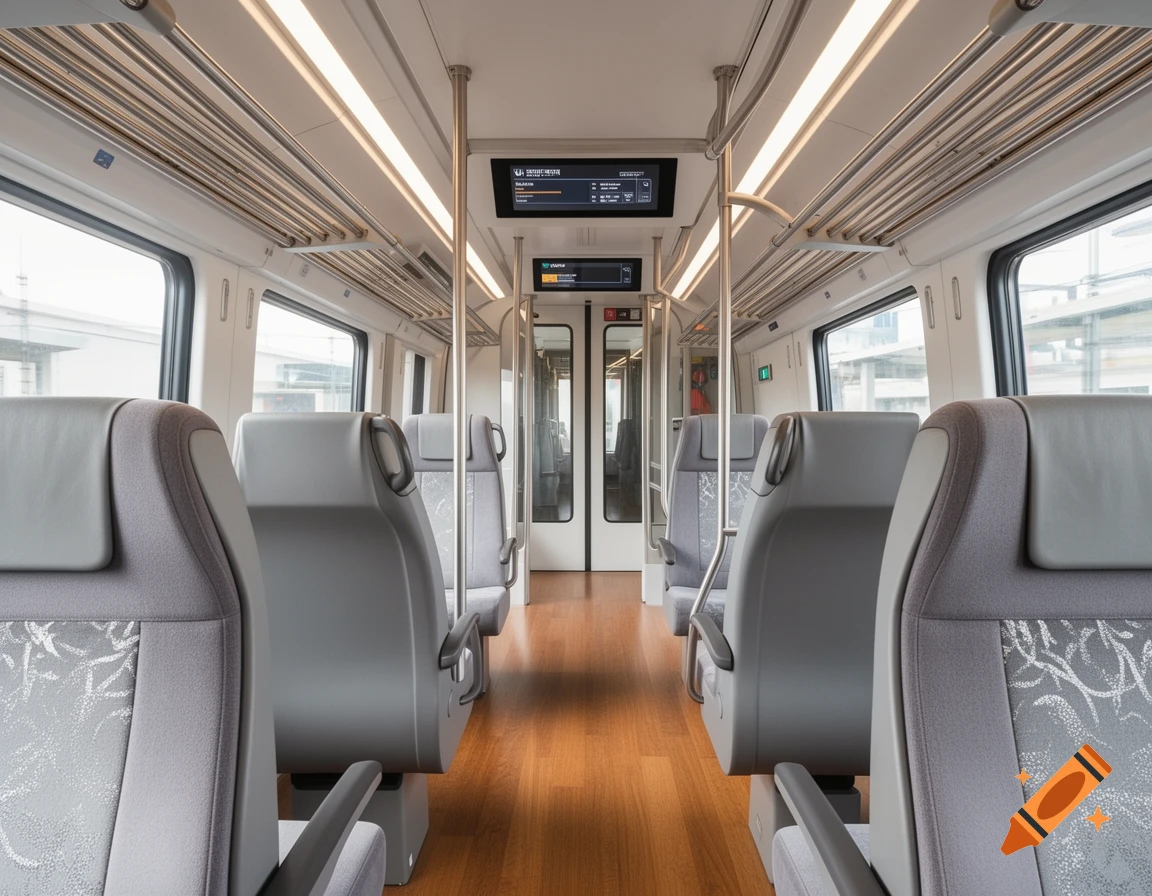 Interior of a modern, empty train carriage with grey seats, wooden floor, and digital display screens.
