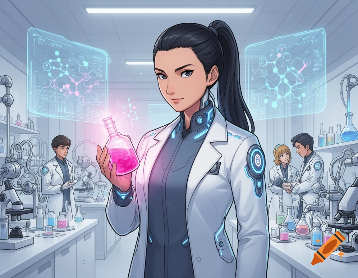 An Asian female scientist in a futuristic lab coat holds a glowing pink flask in an anime-style futuristic laboratory.