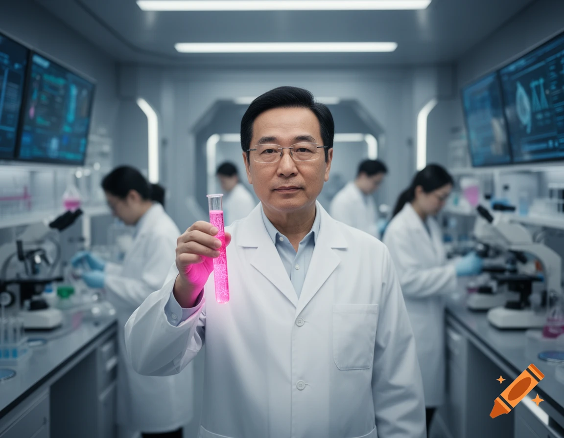 An Asian scientist in a white lab coat holds up a glowing pink test tube in a futuristic laboratory with other scientists working in the background.