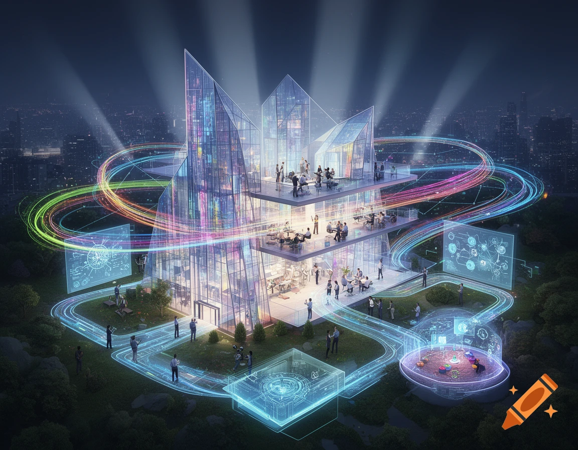 A futuristic glass building with glowing data streams and holographic interfaces, with people working in a high-tech environment.