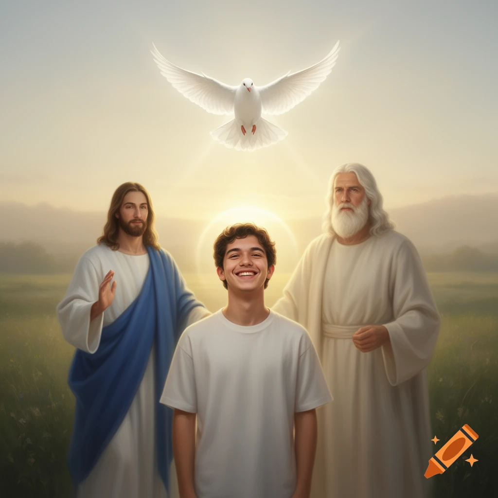 A joyful young man stands between Jesus and God the Father, with a white dove above, in a serene sunlit field.