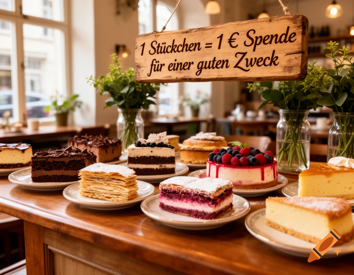 Photorealistic display of various cakes and pastries on a wooden counter in a cafe, with a sign for a donation.