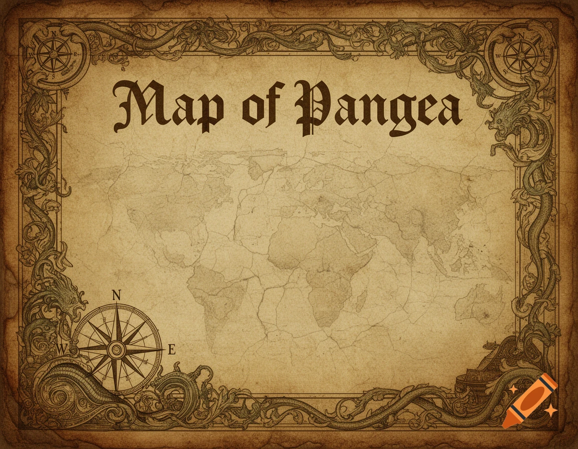 An old, decorative map of Pangea on parchment, with a compass rose in the lower-left corner and ornate borders.