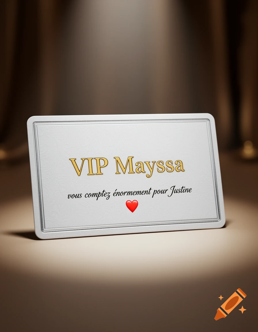 A white VIP card with gold 'VIP Mayssa' text and 'vous comptez énormément pour Justine ❤️' in black, illuminated by a spotlight.