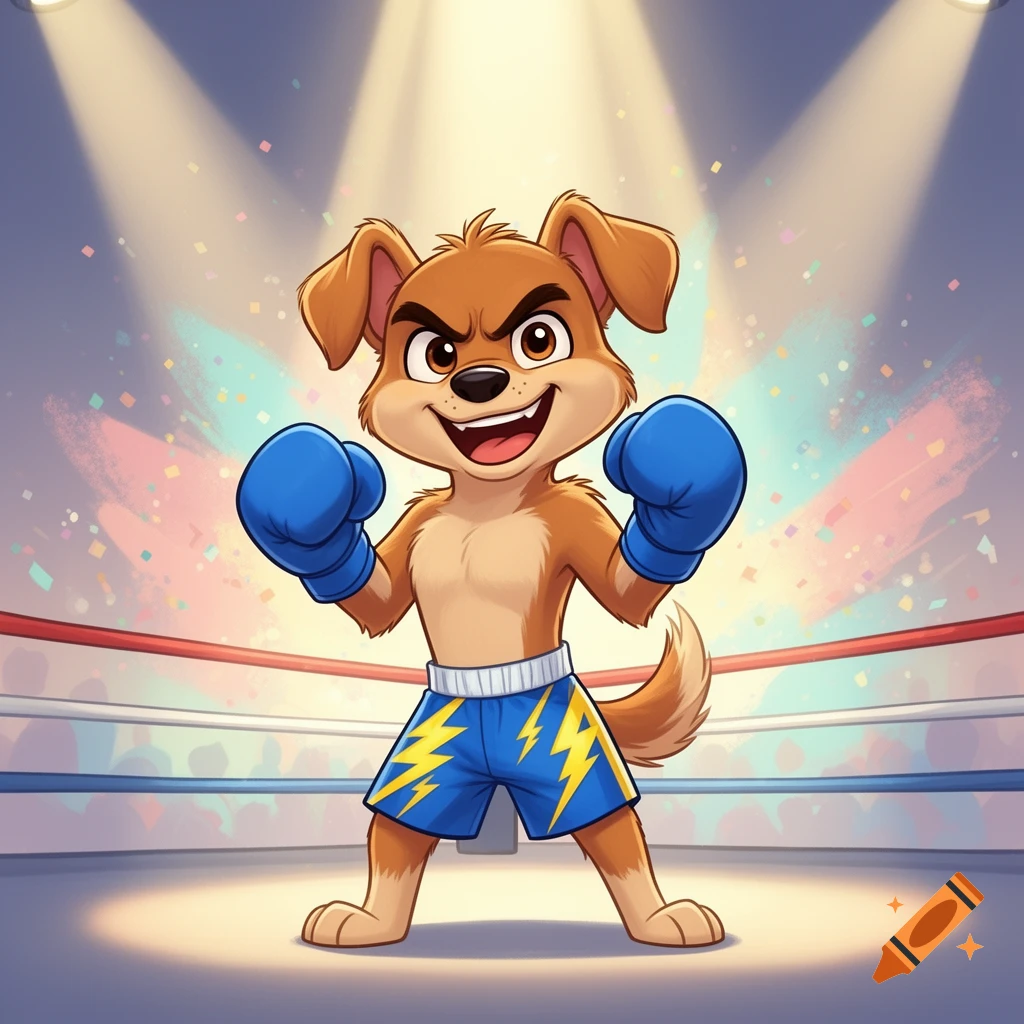 A confident cartoon dog wearing blue boxing gloves and blue shorts with yellow lightning bolts, standing in a brightly lit boxing ring.