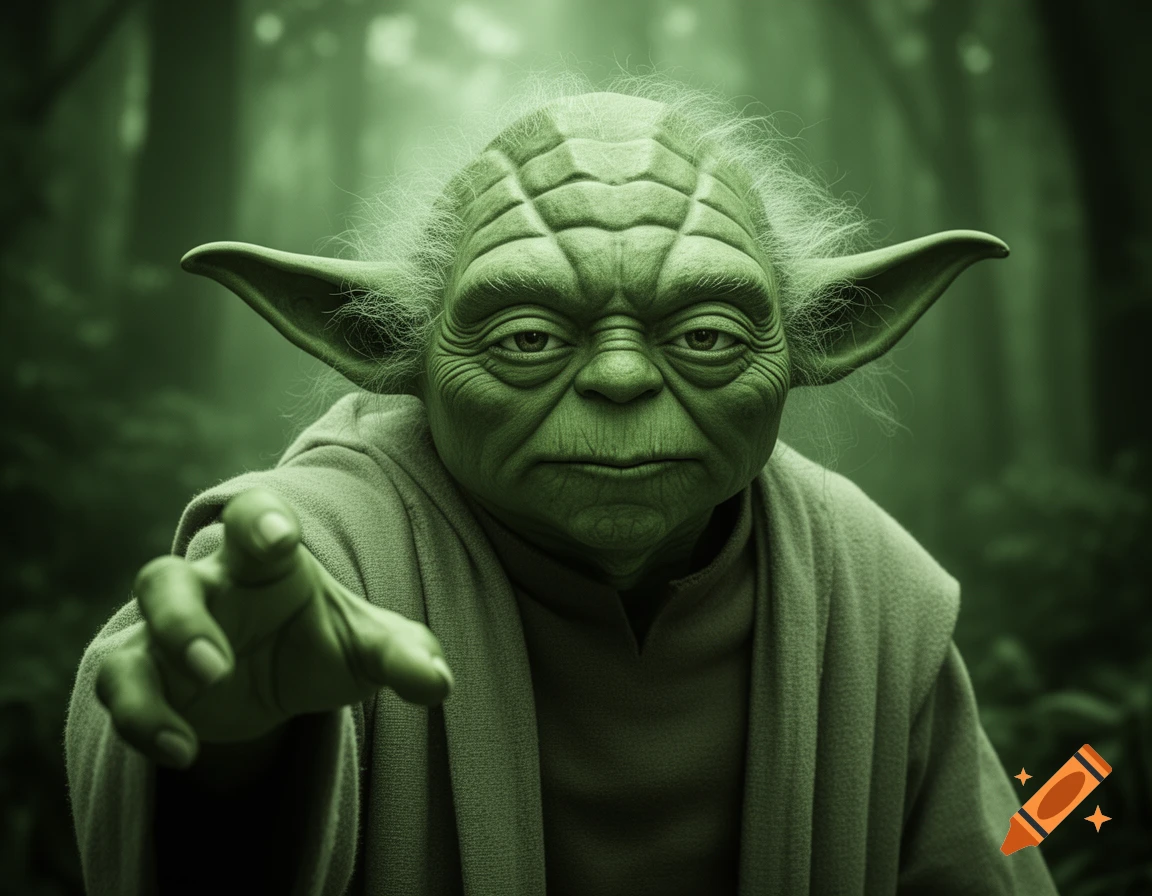A close-up, photorealistic portrait of green-skinned Yoda from Star Wars, extending his hand, in a monochrome green forest.