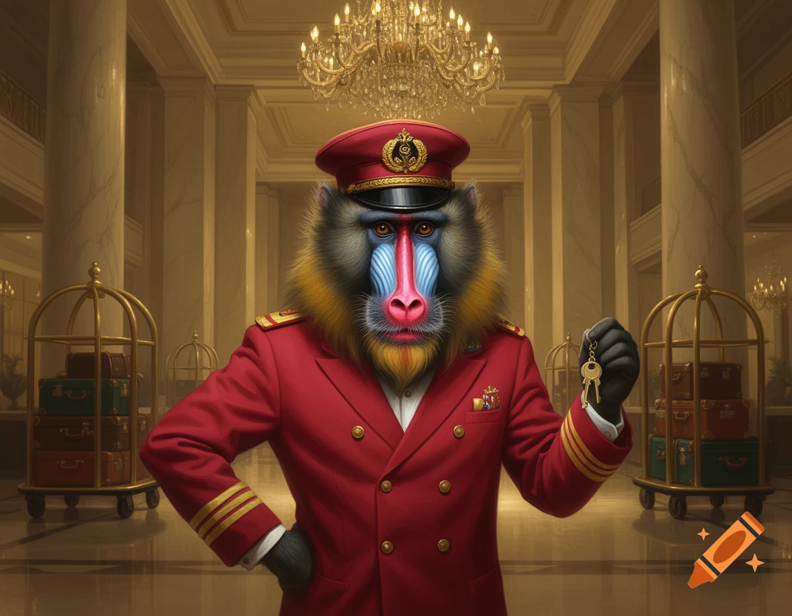 An illustration of a colorful mandrill dressed in a red bellhop uniform, holding keys in an elegant hotel lobby.