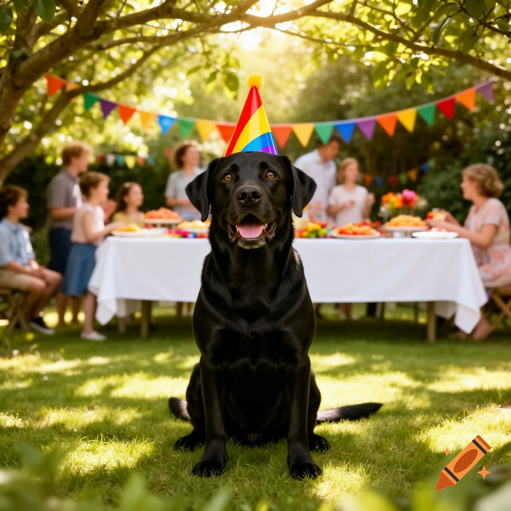 A black Labrador wearing a rainbow party hat sits in the grass, smiling, during an outdoor garden party with blurred people in the background.