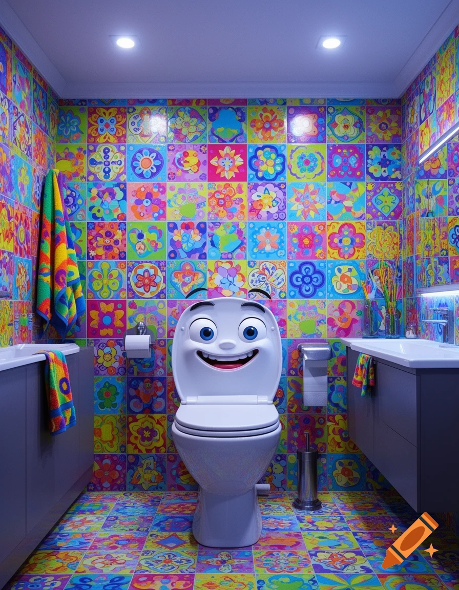 A smiling cartoon-faced toilet sits in a vibrant bathroom with colorful patterned tiles on the walls and floor.