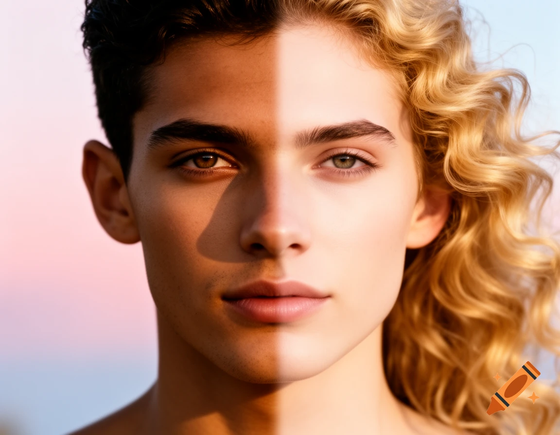 Photorealistic portrait of a face split down the middle: one side dark-skinned with dark hair, the other fair-skinned with blonde curls.