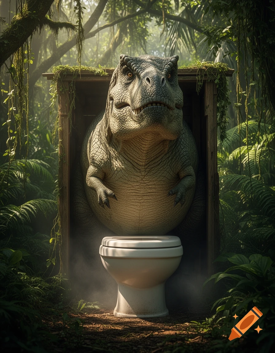 A huge, scaly T-Rex sits comically on a small white toilet inside a wooden outhouse in a lush, steamy jungle, with mist around the toilet base.