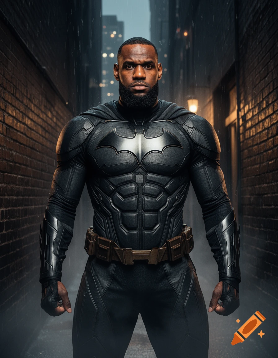 LeBron James as Batman, without a helmet, stands in a dark, rainy city alley with brick walls.