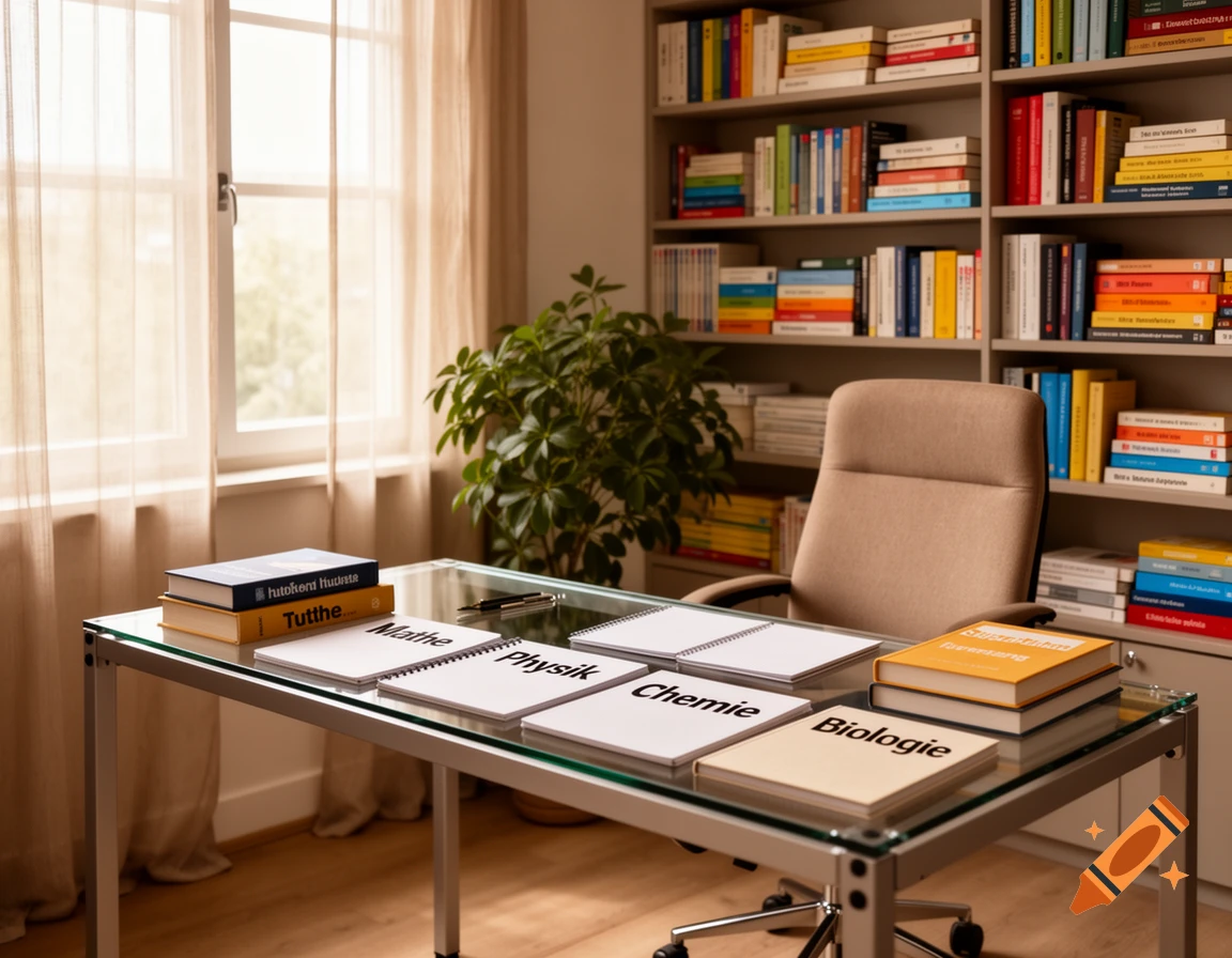 A well-lit study room with a glass desk, an office chair, and bookshelves filled with books. White notebooks on the desk have legible text: Mathe, Physik, Chemie, Biologie.