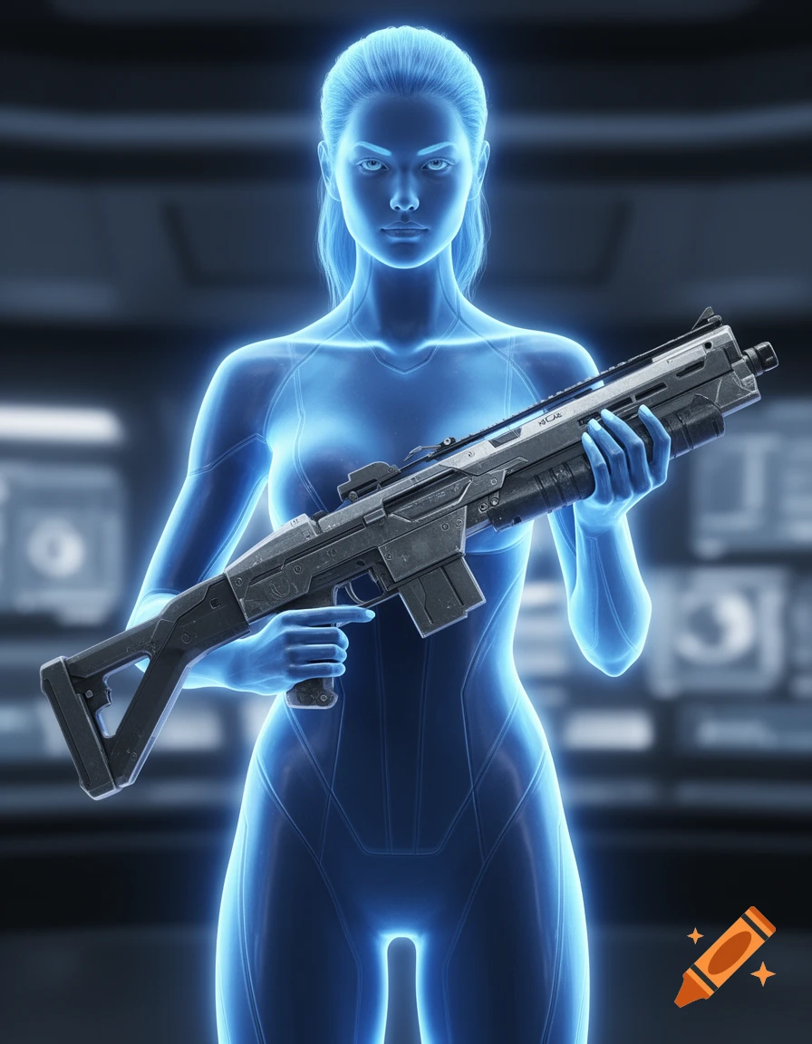 A glowing blue translucent female holographic character, resembling Cortana, holds a futuristic assault rifle against a dark, tech-filled background.