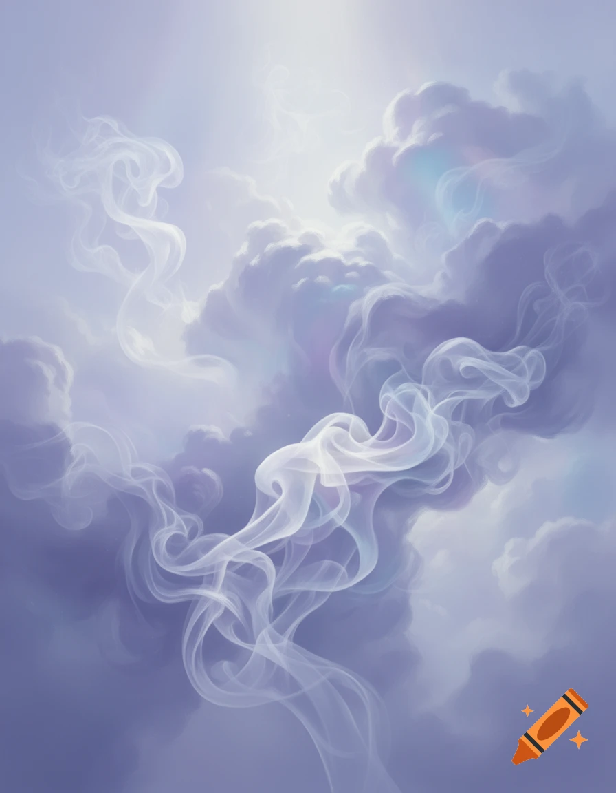 Ethereal white smoke swirls through soft purple and blue abstract clouds with a bright light at the top.