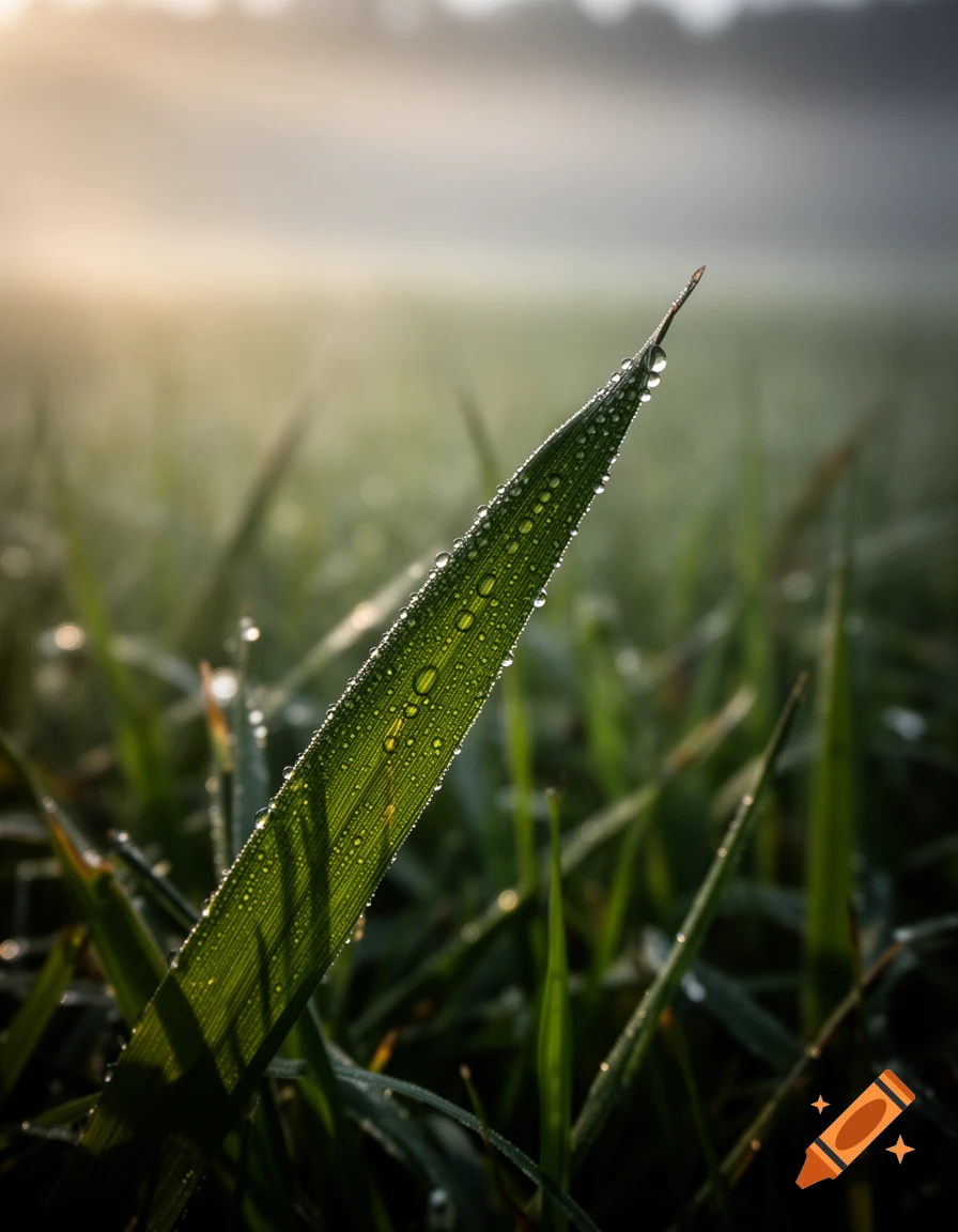 Close-up of a green grass blade covered in morning dew drops, backlit by a soft, misty sunrise in a field.