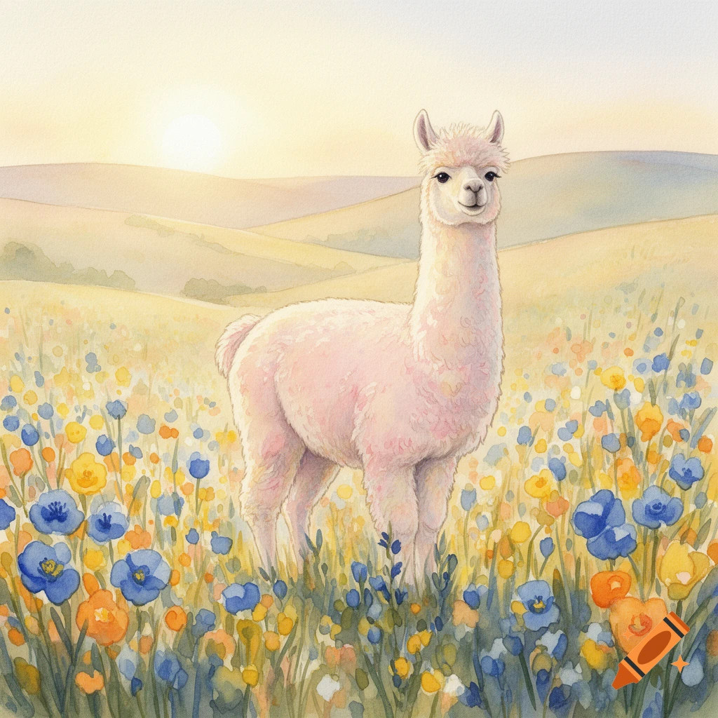 A pink alpaca stands in a field of blue and yellow wildflowers under a bright sky, painted in watercolor.