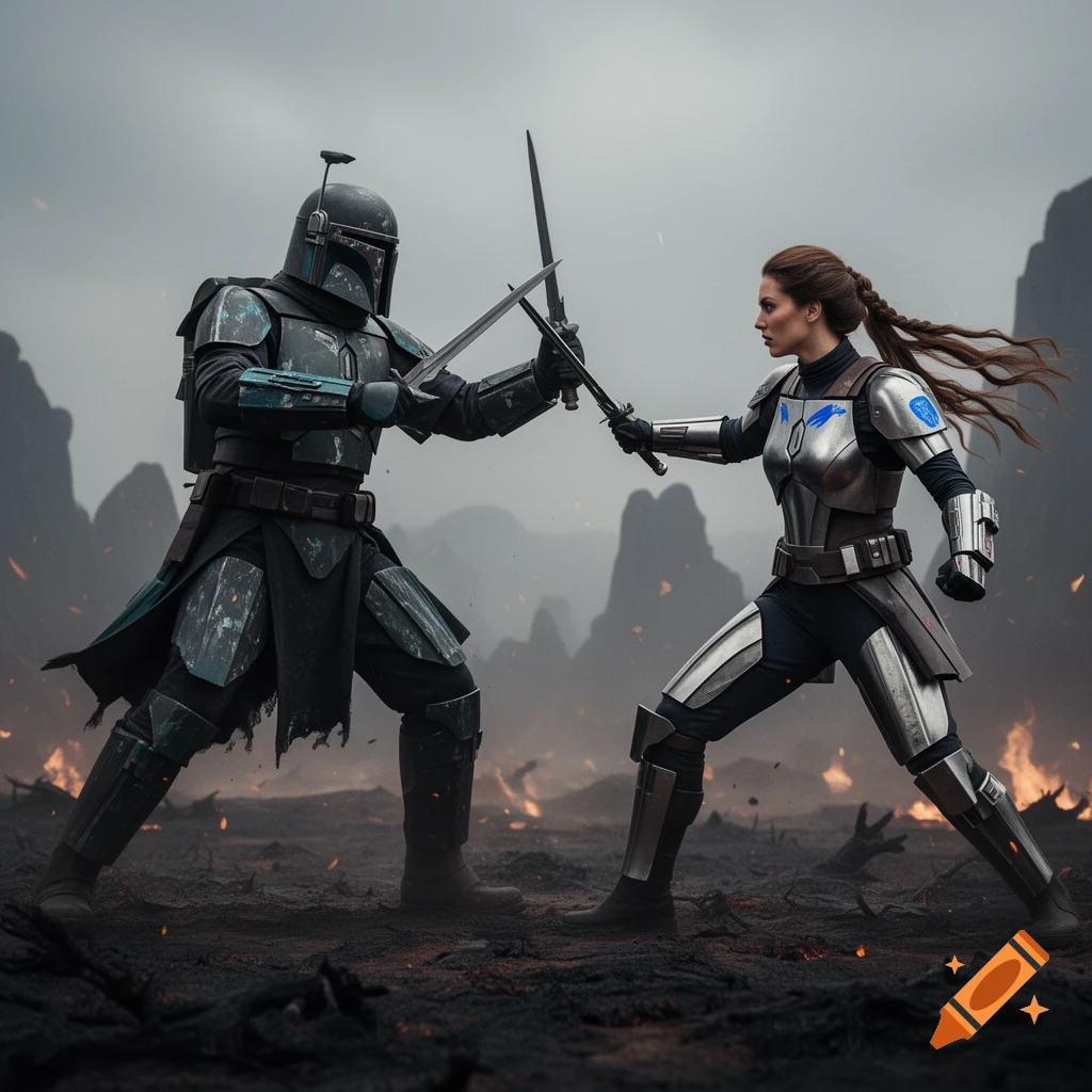Two Mandalorian warriors, one helmeted and one female, duel with swords on a desolate, smoky battlefield.