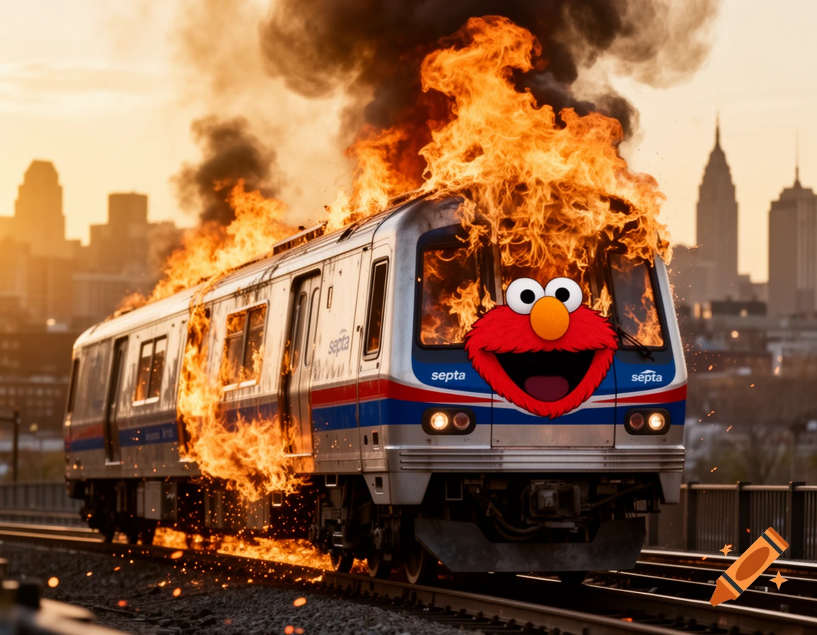 A SEPTA train with Elmo's face on the front is engulfed in flames, emitting smoke and sparks against a city skyline at sunset.