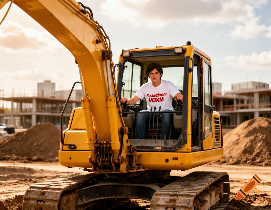 Young man in a white t-shirt reading 'Rocketdrohne VOXM' operating a yellow excavator at a dusty construction site.
