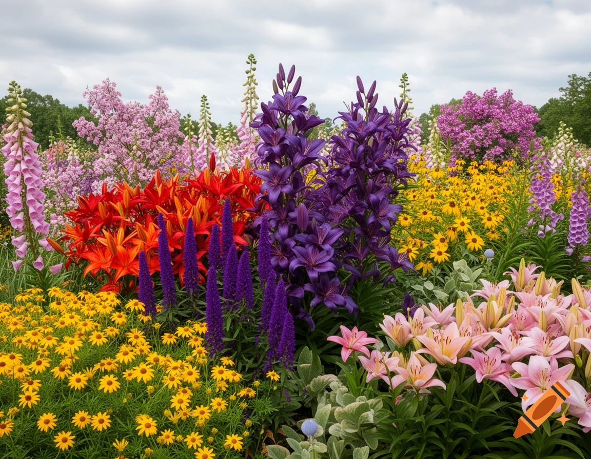 A vibrant, colorful flower garden showcasing deep purple, red, orange, pink, and yellow lilies, foxglove, and other blooms.