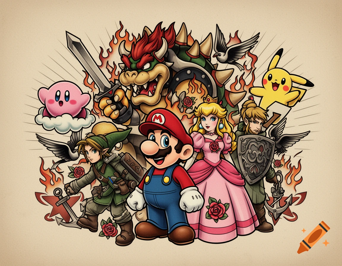 Nintendo characters Mario, Peach, Link, Bowser, Kirby, and Pikachu in an American traditional tattoo flash art style, surrounded by flames, roses, and anchors.